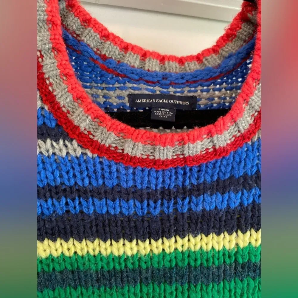 American Eagle Wool Blend Sweater Size Small Crewneck Striped Colorblock rainbow